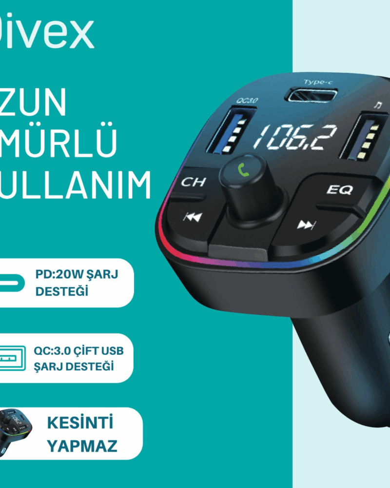 Divex DT-604 - Çift USB Araba Şarj Cihazı, Kablosuz FM Verici, 2 USB Portu Transmitter