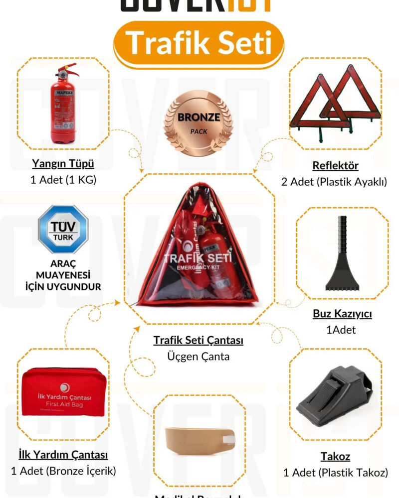 Üçgen Trafik ve İlk Yardım Seti - Muayene Uyumlu 1 KG Araç Yangın Tüpü - 2 Adet Reflektör - Bronze Pack